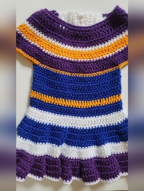 Handmade Crocheted Striped Dress in Purple, Blue, White & Gold